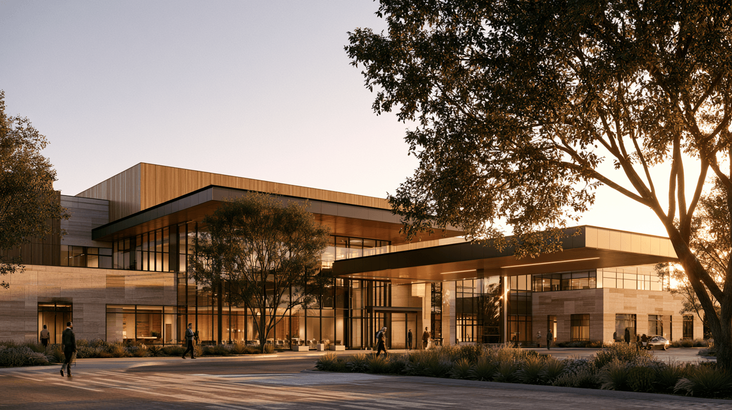 Modern medical facility exterior at golden hour